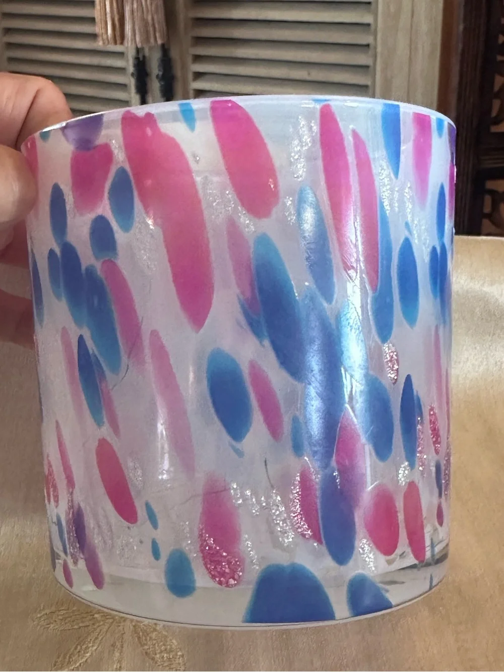 Handblown Pink & Blue Speckled Art Glass Candle Holder / Vase Cylinder.